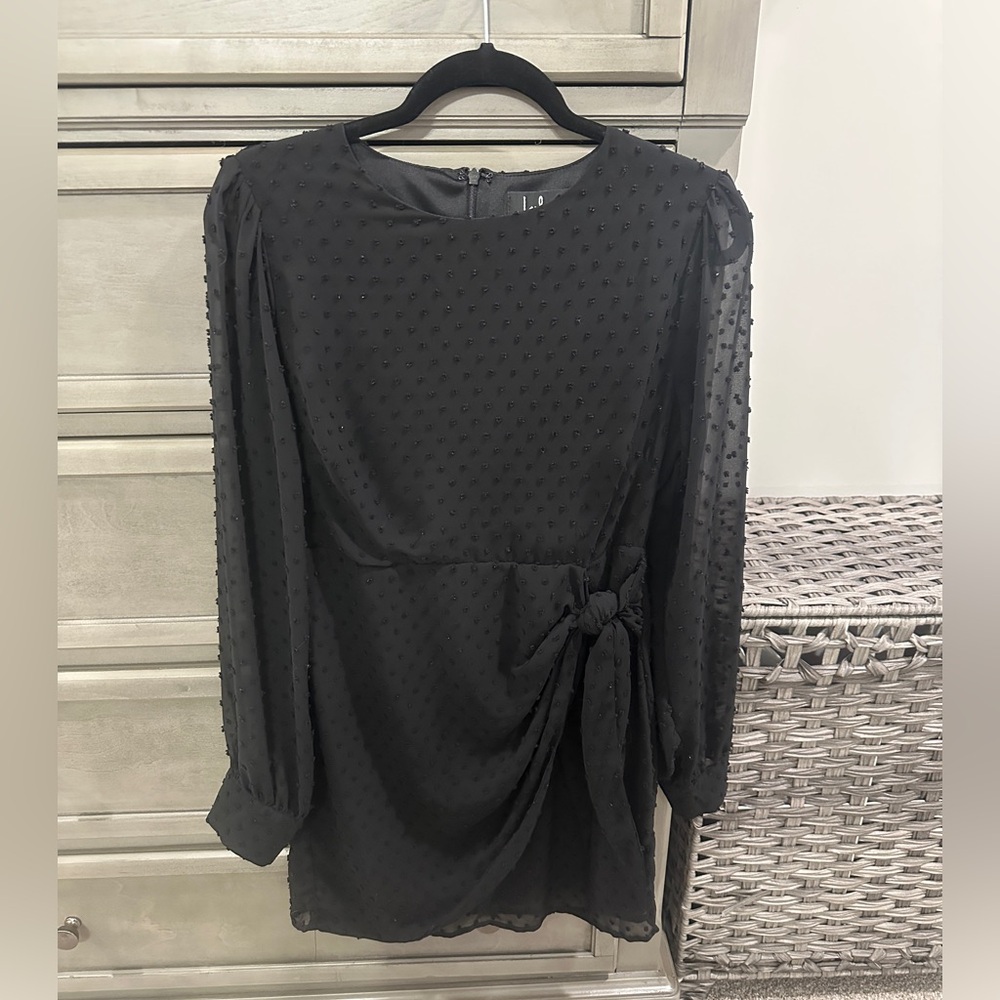 Lulu’s Much Love Black Swiss Dot Long Sleeve Tie-Front Mini Dress, Medium